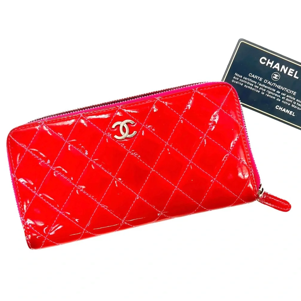 CHANEL Patent Quilted Zip Around Long Wallet Pink Salmon 14 Series (2011)